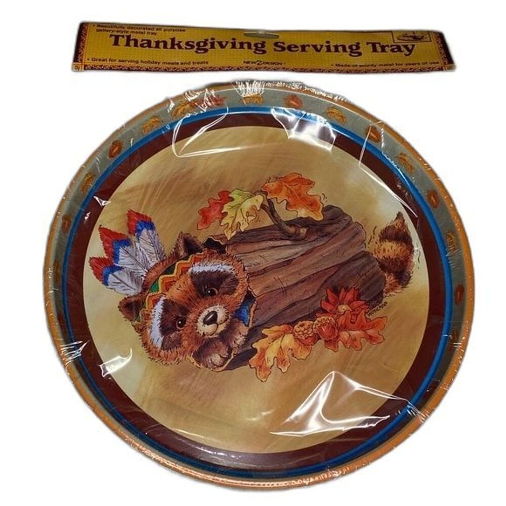 Round Thanksgiving Metal Serving Tray 12" Racoon Log Feathers Retro VTG Sealed